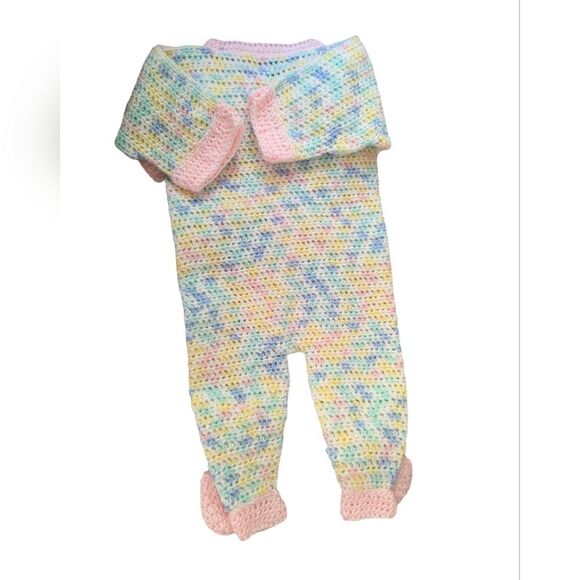 Pastel Rainbow infant handknitted romper with matching mittens‎ and booties - Picture 2 of 6